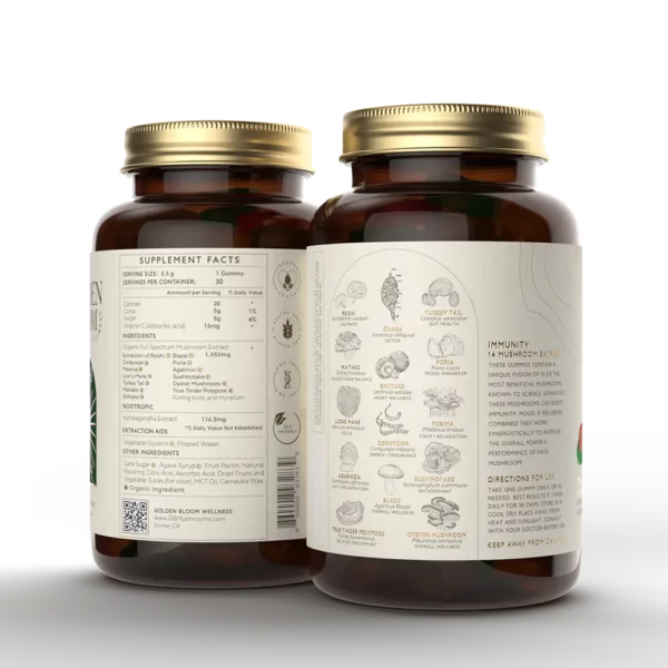 Golden Bloom Wellness – Immunity Fusion Mushroom Blend Gummies – Assorted Fruit – 30ct – 30 Servings image 2