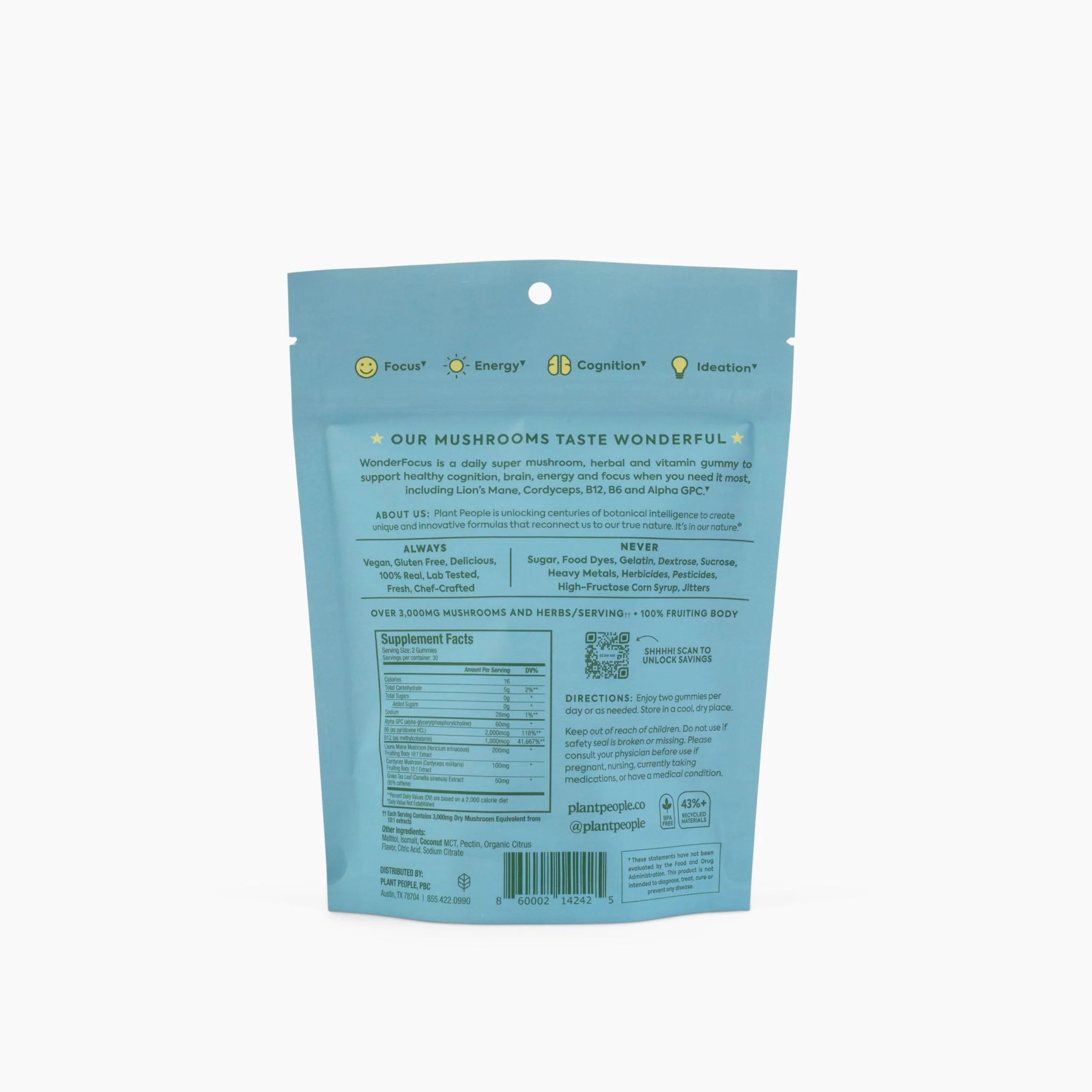Plant People - WonderFocus Mushroom Gummies - Juicy Citrus - 60ct - 300mg per Serving - 30 Servings image 7