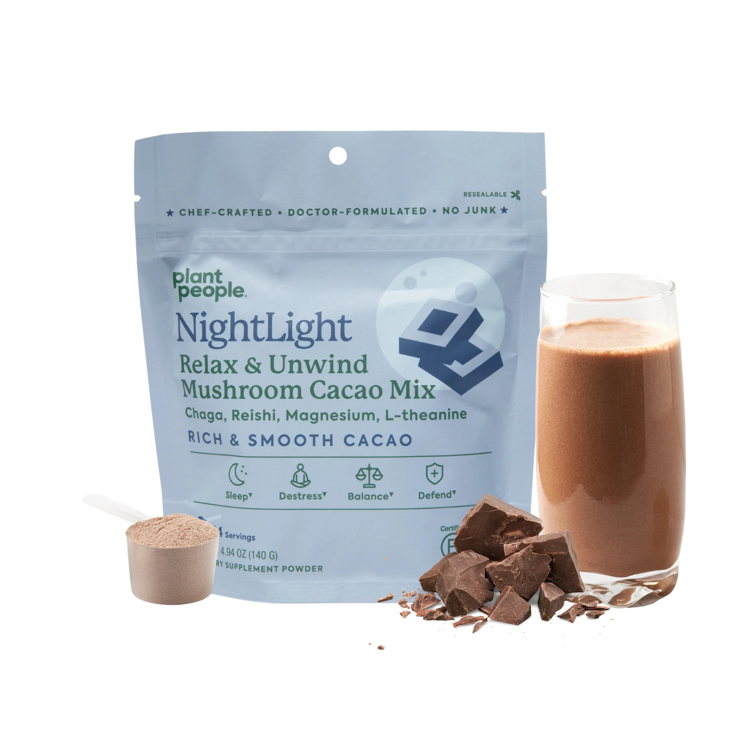 Plant People - NightLight Adaptogen Mushroom Cacao Mix - 140g - 500mg Mushroom Blend per Serving - 14 Servings image 2