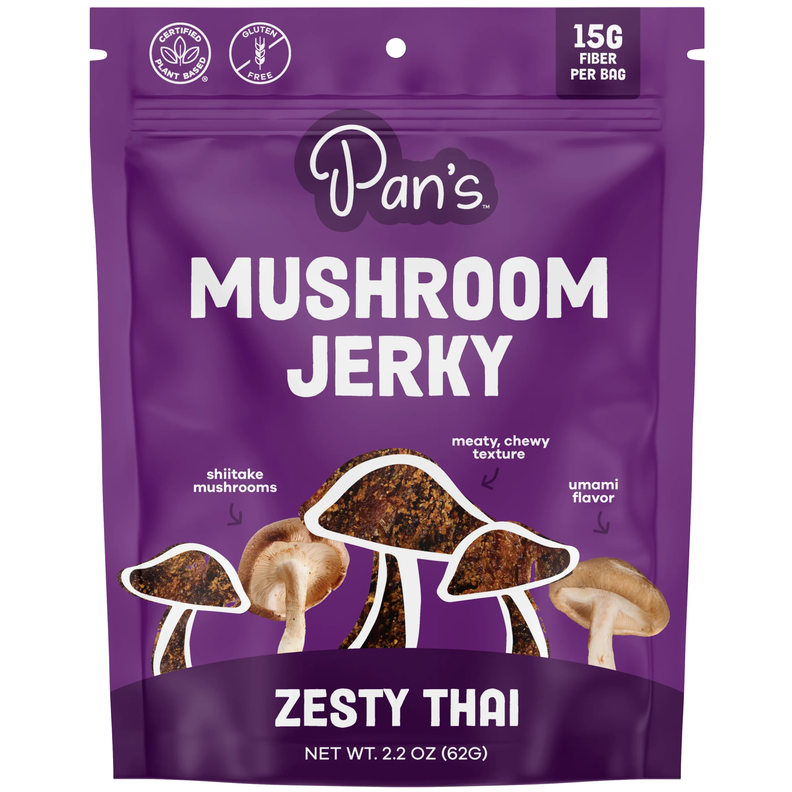 Pan's Mushroom Jerky - Zesty Thai Mushroom Jerky - Shiitake - 62g - 2 Servings image 0