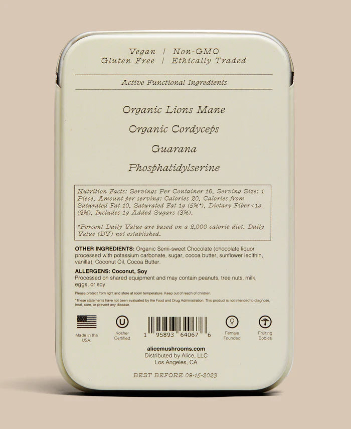 Alice Mushrooms - Brainstorm Focus Lion's Mane + Cordyceps Mushroom Chocolates - 16 Servings image 2