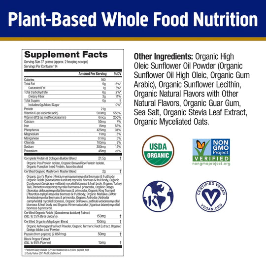 Om Mushroom Superfood - Master Blend Plant‑Based Protein - Creamy Vanilla - 518g - 14 Servings image 7