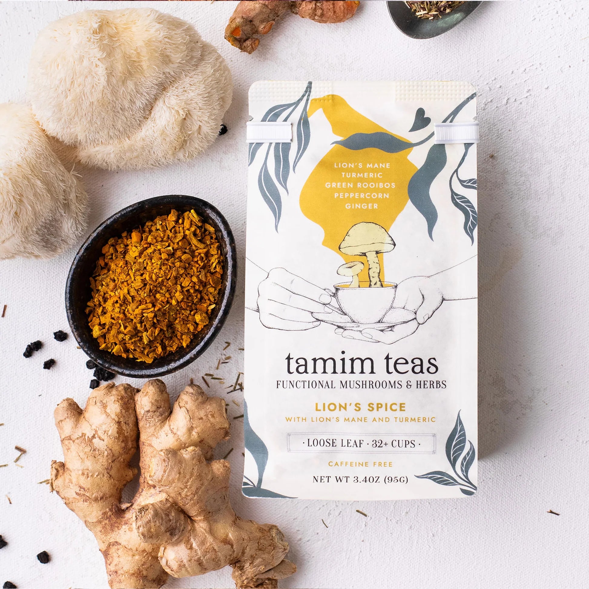 Tamim Teas - Lion's Spice Mushroom Tea (Caffeine-Free) - Lion's Mane + Turmeric + Spice - 65g - 32 Servings image 1