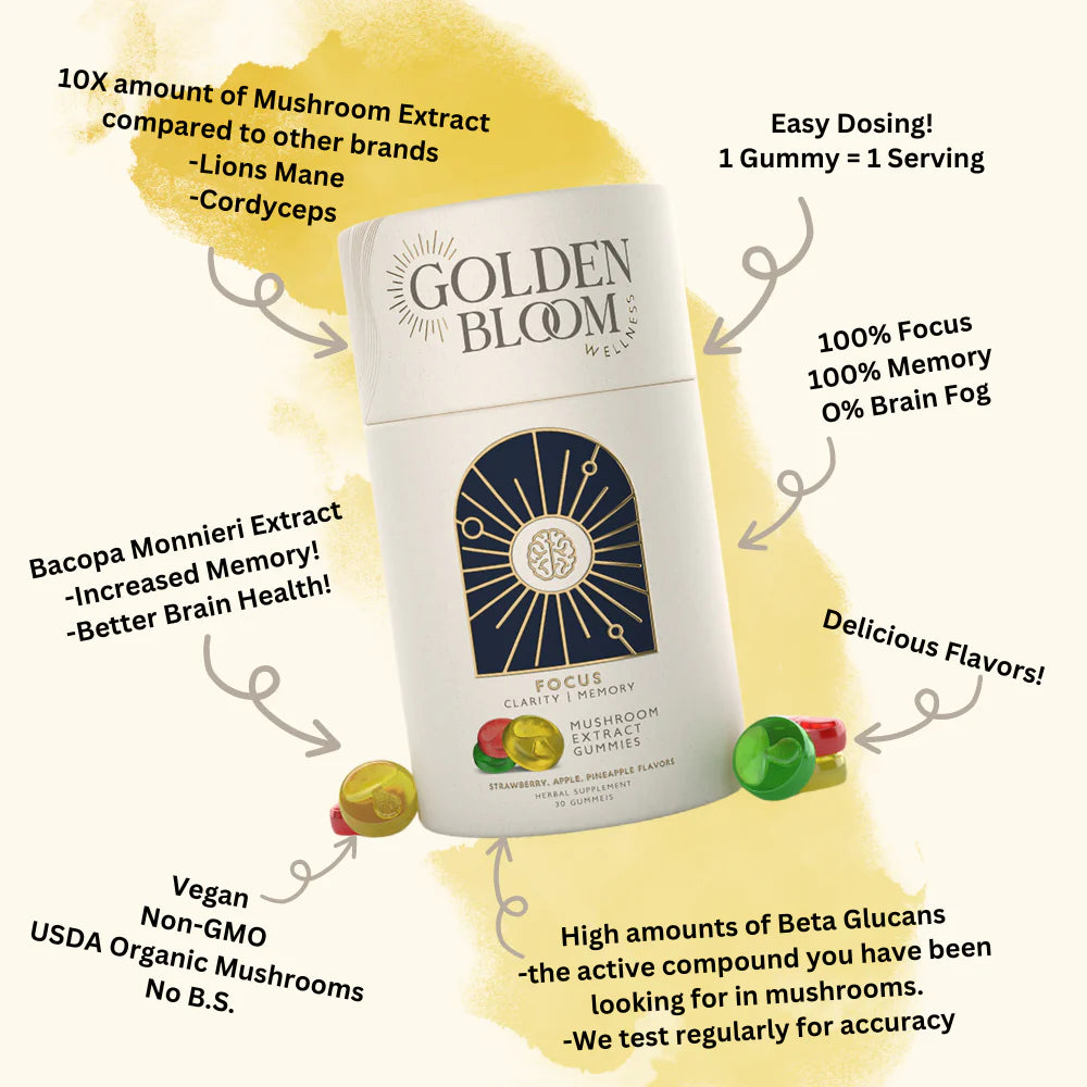 Golden Bloom Wellness – Focus Lion's Mane + Cordyceps Mushroom Gummies – Assorted Fruit – 30ct – 30 Servings image 2