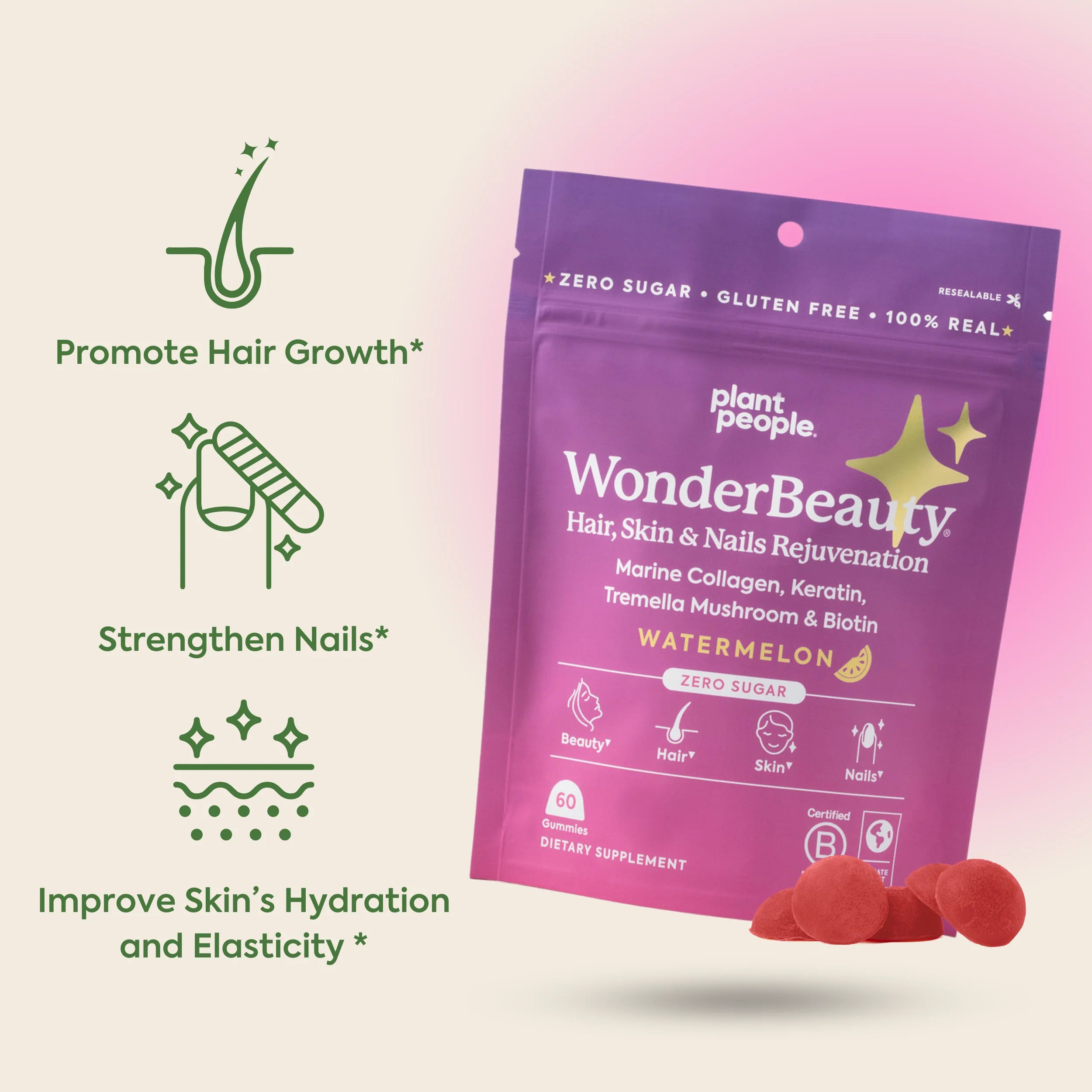 Plant People - WonderBeauty Mushroom Gummies - Watermelon - 60ct - 300mg per serving - 30 Servings image 2