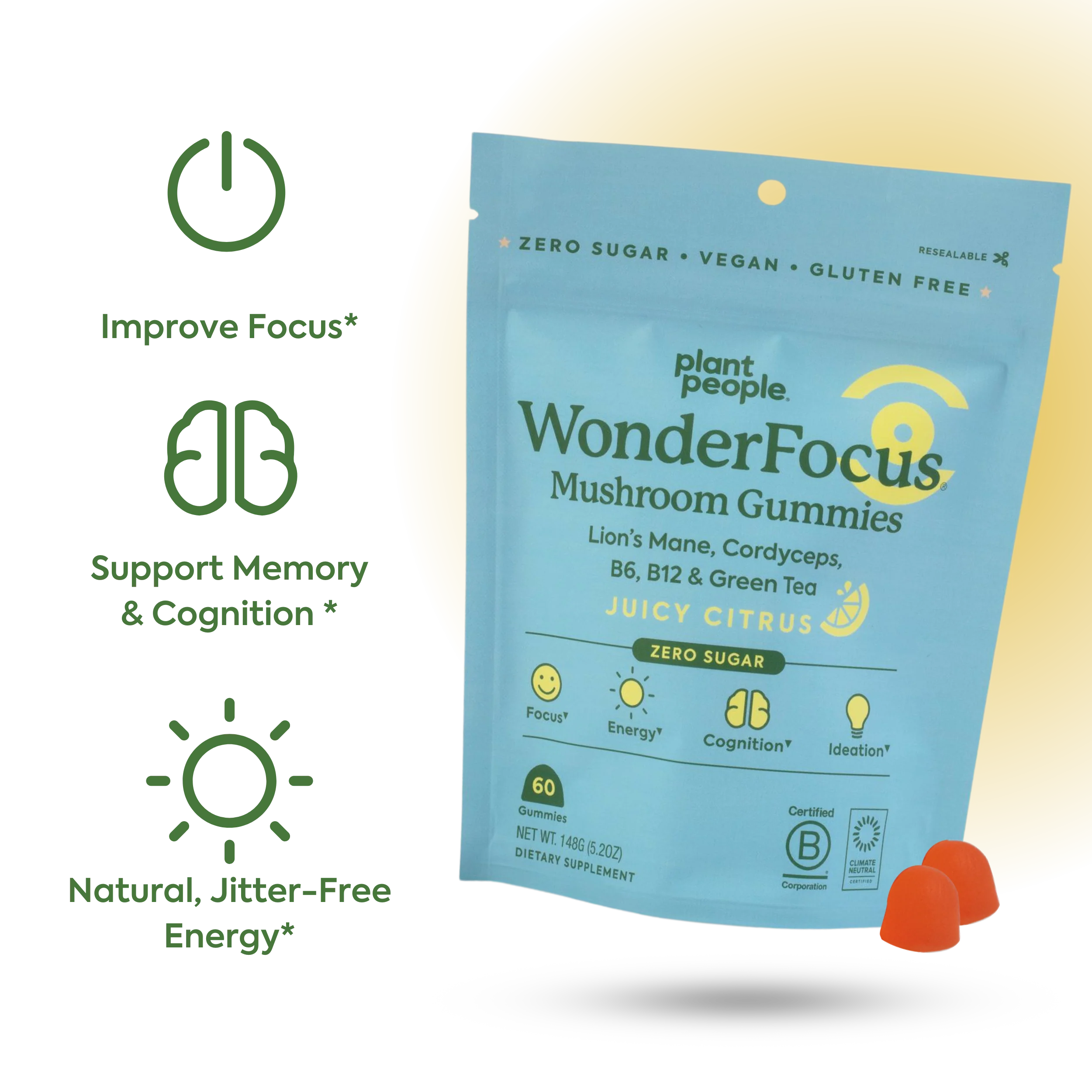 Plant People - WonderFocus Mushroom Gummies - Juicy Citrus - 60ct - 300mg per Serving - 30 Servings image 6