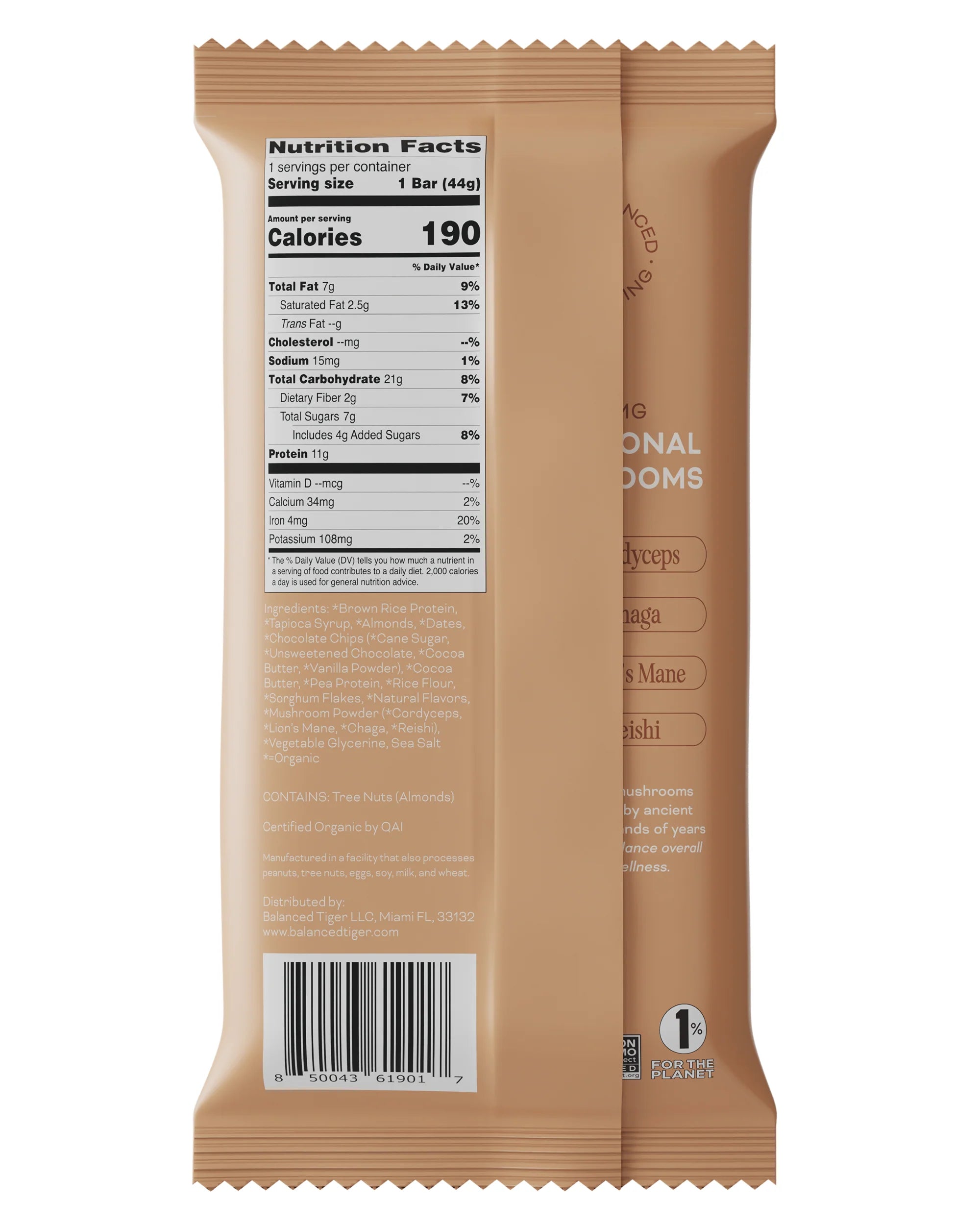 Balanced Tiger – Functional Mushroom Protein Bar – Chocolate Chip Cookie Dough – 12ct – 1500mg per Serving – 12 Servings image 1