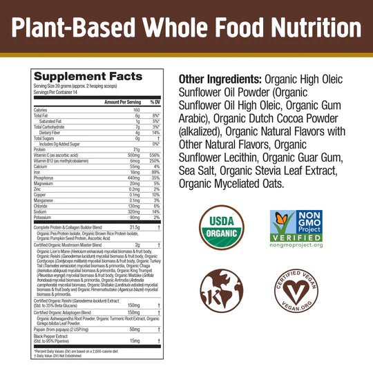 Om Mushroom Superfood - Master Blend Plant‑Based Protein - Creamy Chocolate - 518g - 14 Servings image 8