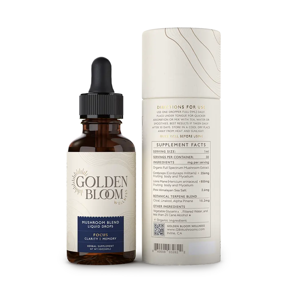 Golden Bloom Wellness – Focus Lion's Mane + Cordyceps Mushroom Tincture – 30mL – 30 Servings image 1