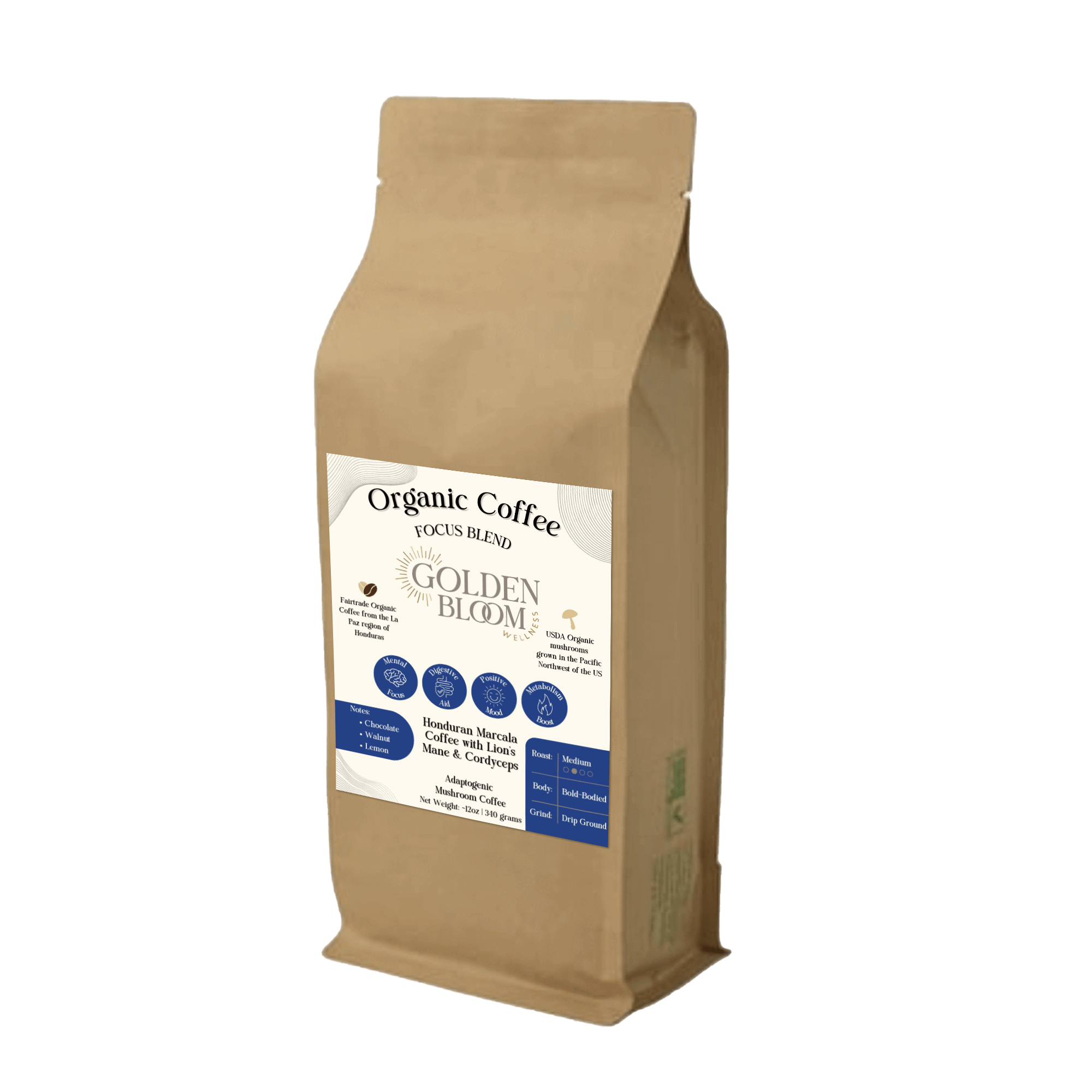 Golden Bloom Wellness - Organic Honduran Marcala Coffee - Lion's Mane + Cordyceps - Medium Roast - 12oz - 15 Servings image 0
