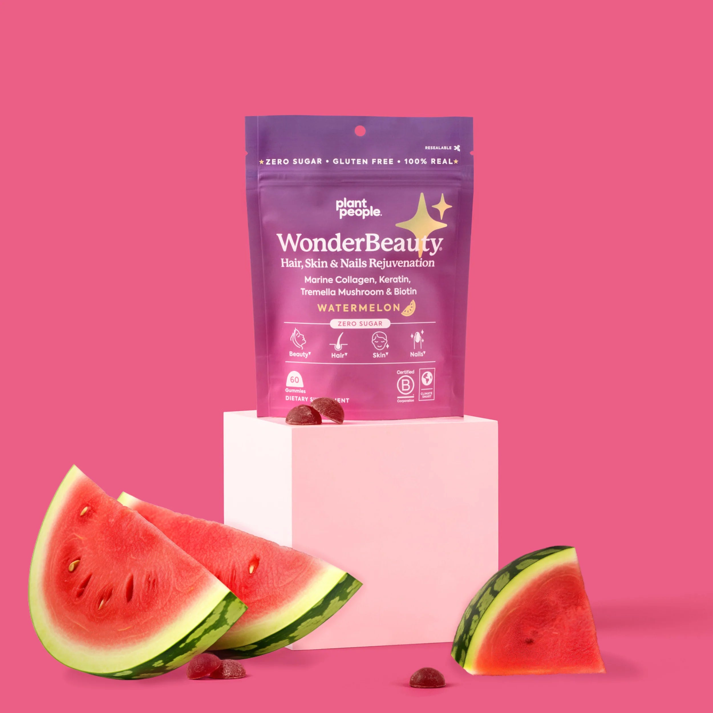 Plant People - WonderBeauty Mushroom Gummies - Watermelon - 60ct - 300mg per serving - 30 Servings image 1