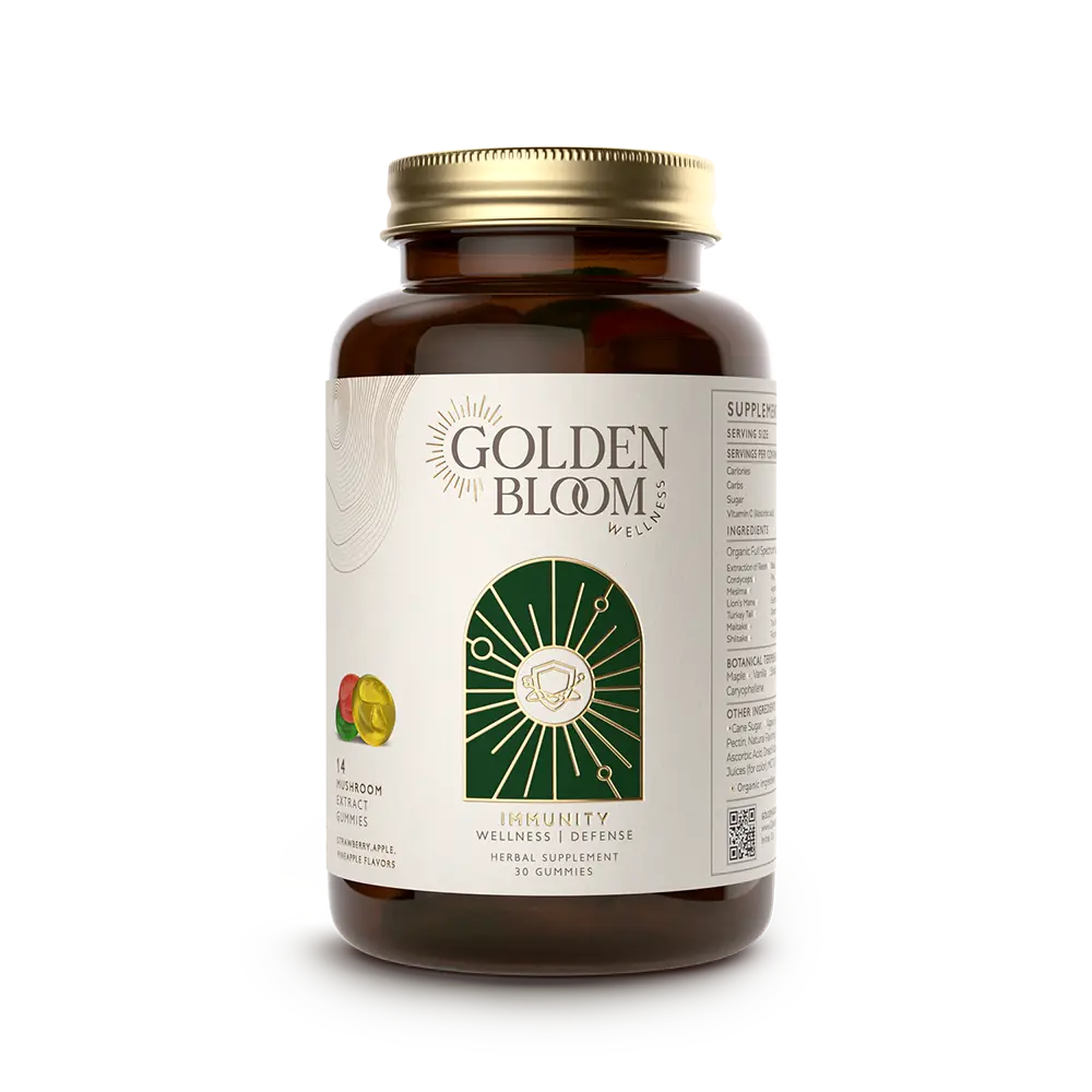 Golden Bloom Wellness – Immunity Fusion Mushroom Blend Gummies – Assorted Fruit – 30ct – 30 Servings image 1