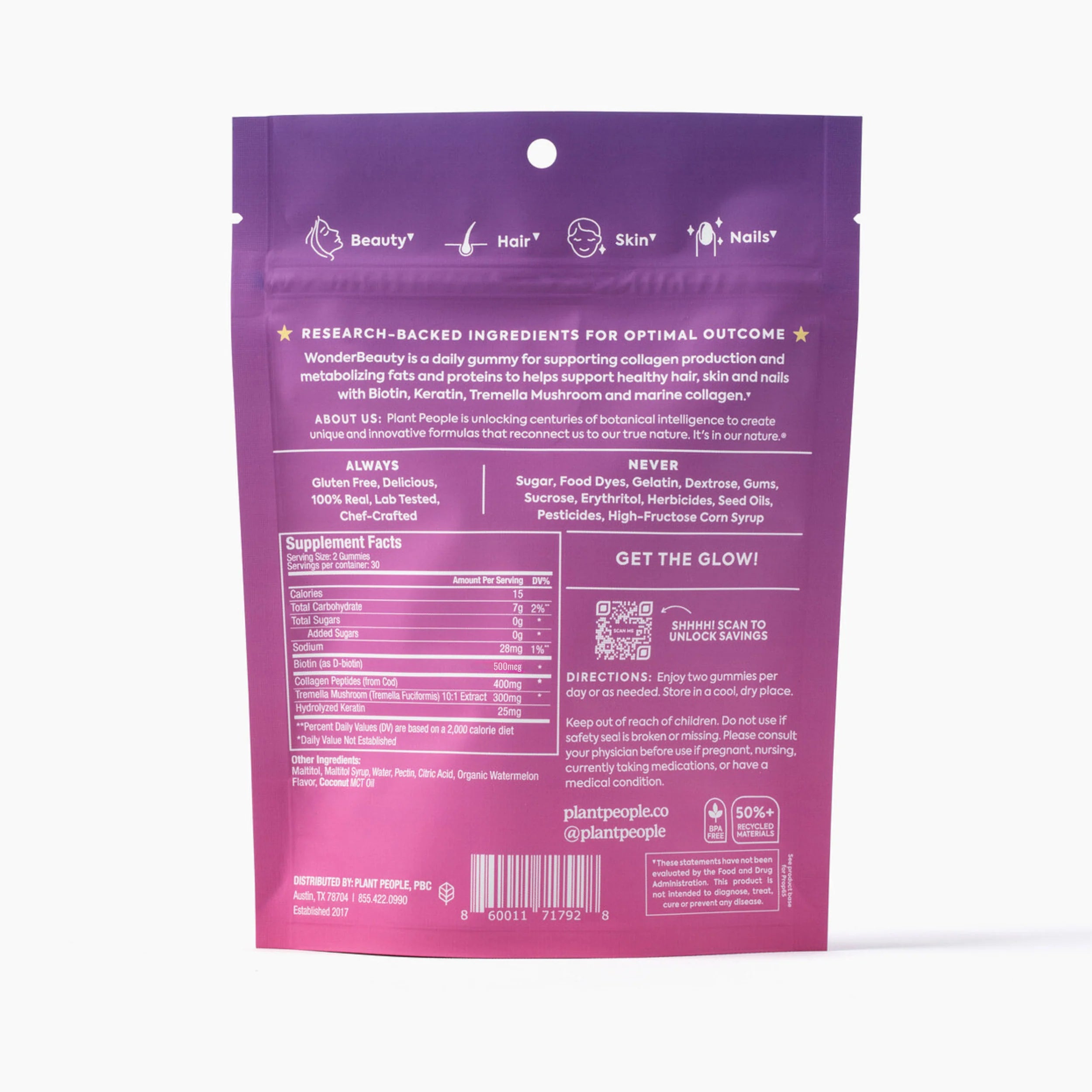 Plant People - WonderBeauty Mushroom Gummies - Watermelon - 60ct - 300mg per serving - 30 Servings image 4