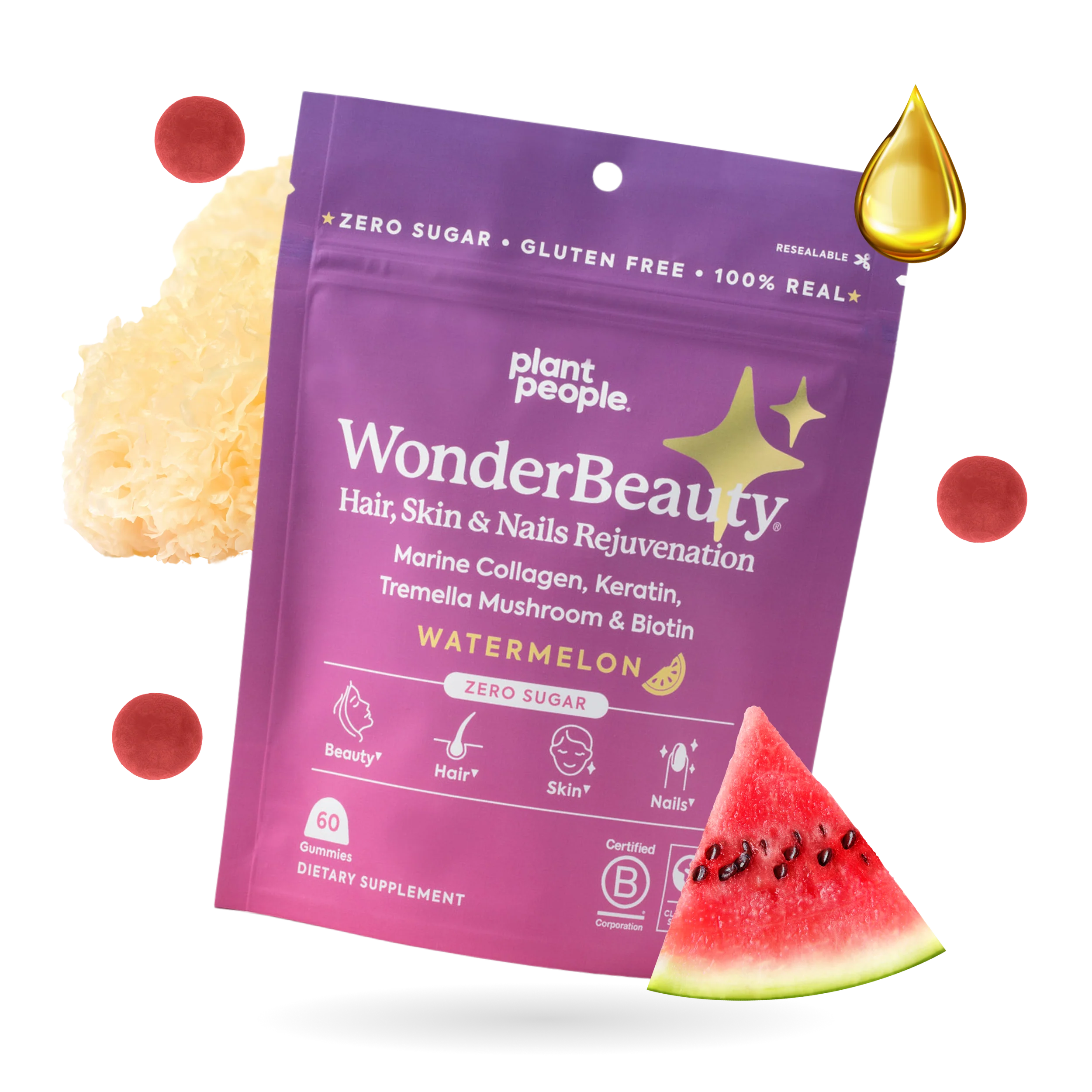 Plant People - WonderBeauty Mushroom Gummies - Watermelon - 60ct - 300mg per serving - 30 Servings image 0