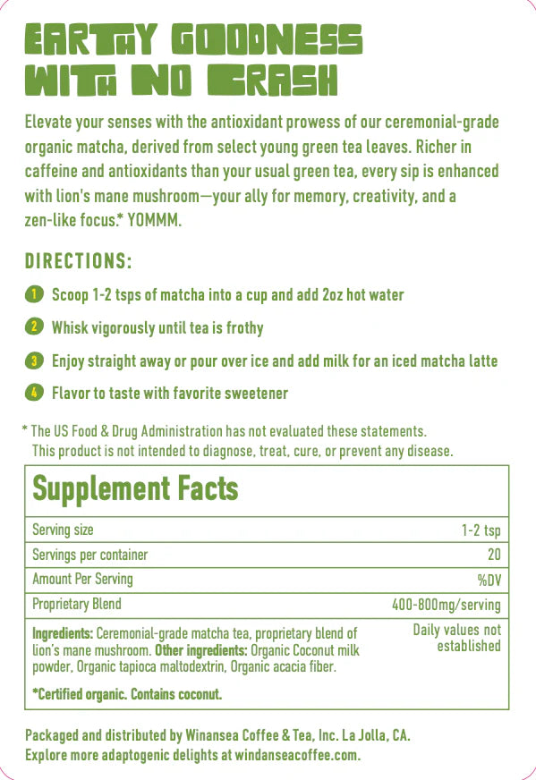Windansea Coffee - Magic Matcha Mushroom Green Tea Powder - 50g - 400mg Lion's Mane per Serving - 20 Servings image 3