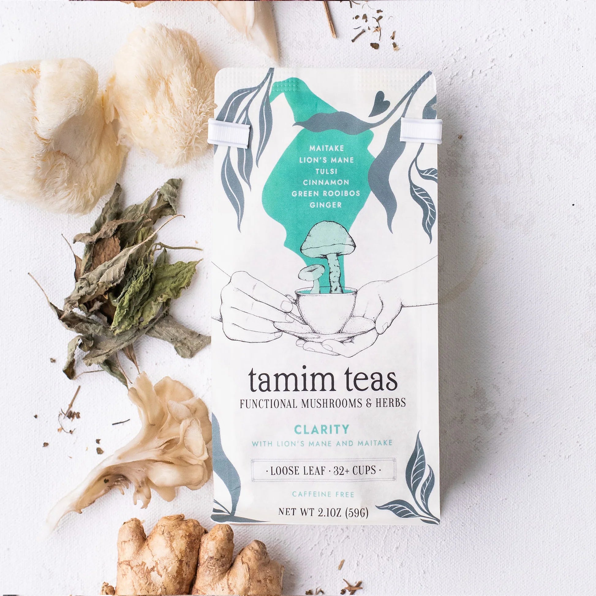 Tamim Teas - Lion-Maitake Clarity Mushroom Tea (Caffeine-Free) - Lion's Mane + Maitake +Tulsi + Ginger + Cinnamon - 36g - 32 Servings image 1