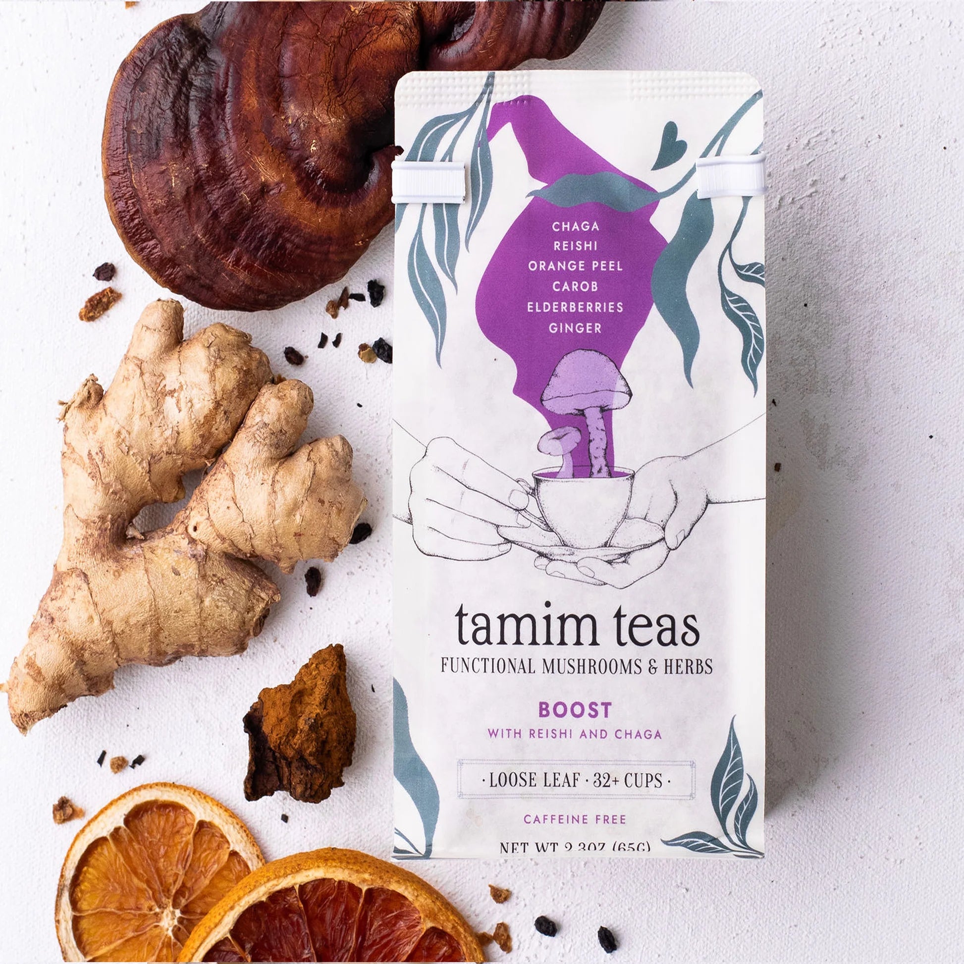 Tamim Teas - Reishi-Chaga Boost Mushroom Tea (Caffeine-Free) - Reishi + Chaga +Carob + Elderberries + Rooibos - 62g - 32 Servings image 1