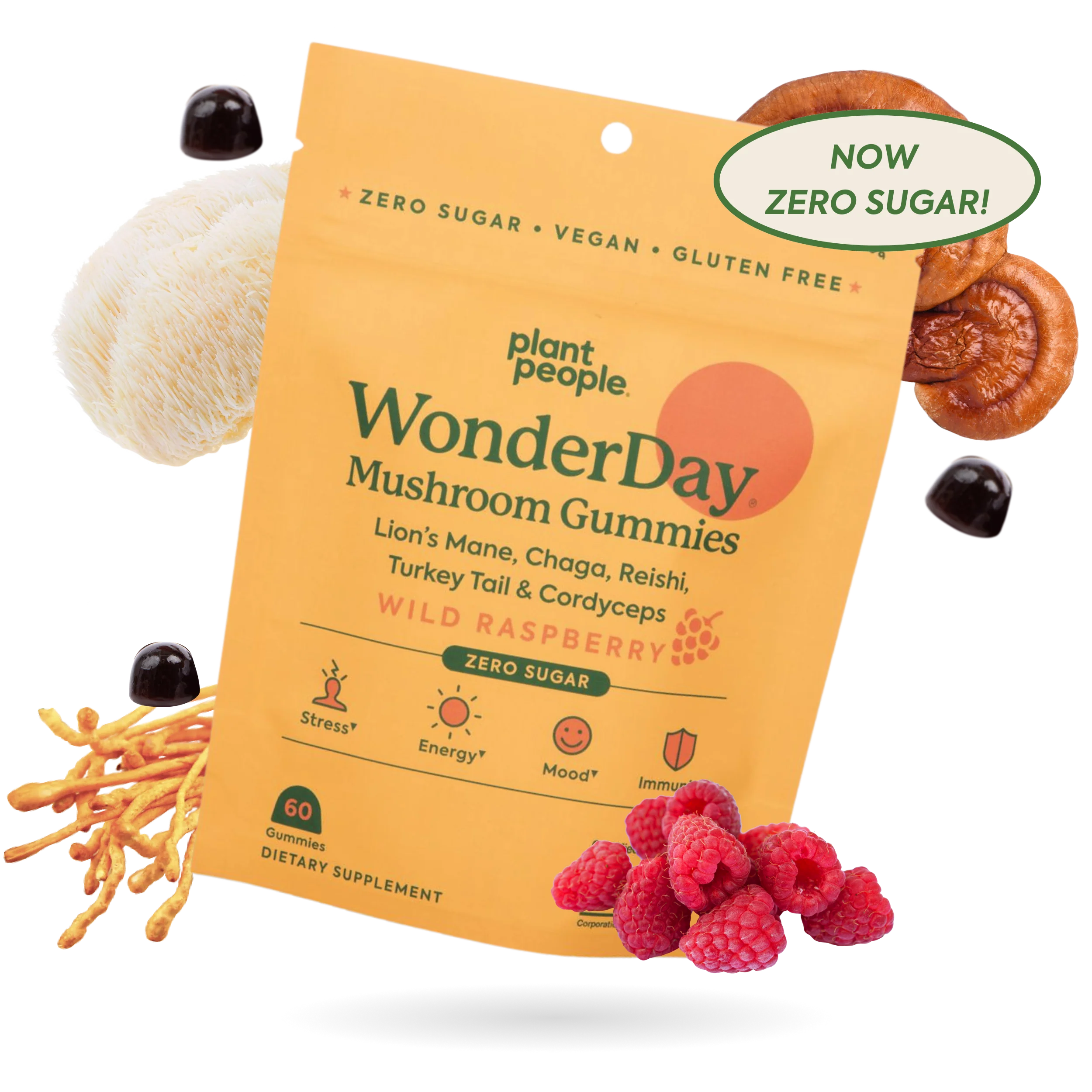 Plant People - WonderDay Mushroom Gummies - Wild Raspberry - 60ct - 2500mg per Serving - 30 Servings image 0