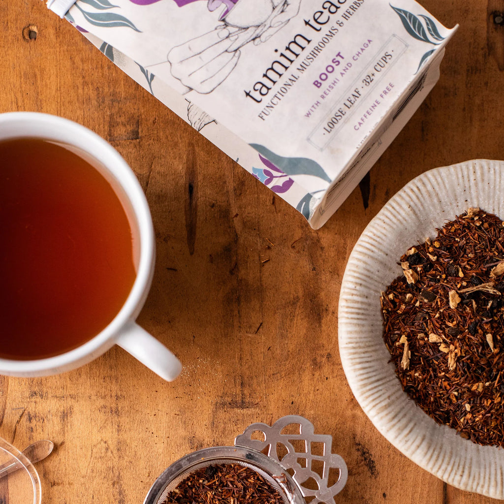 Tamim Teas - Reishi-Chaga Boost Mushroom Tea (Caffeine-Free) - Reishi + Chaga +Carob + Elderberries + Rooibos - 62g - 32 Servings image 2