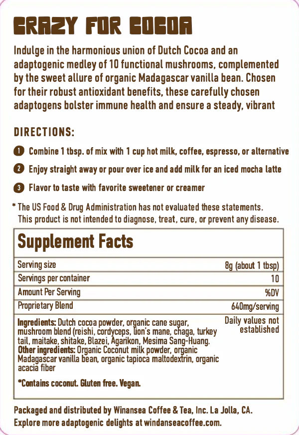 Windansea Coffee - Loco Mocha Mushroom Hot Chocolate Mix - 80g - 640mg Mushroom Blend per Serving - 10 Servings image 3