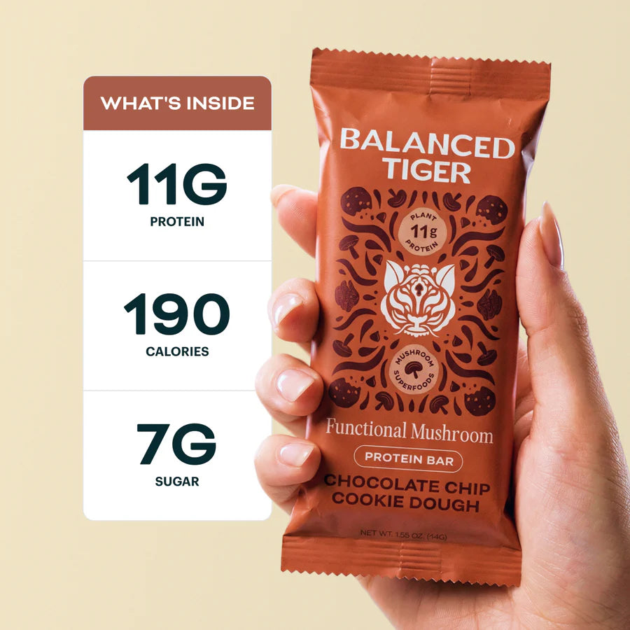 Balanced Tiger – Functional Mushroom Protein Bar – Chocolate Chip Cookie Dough – 12ct – 12 Servings