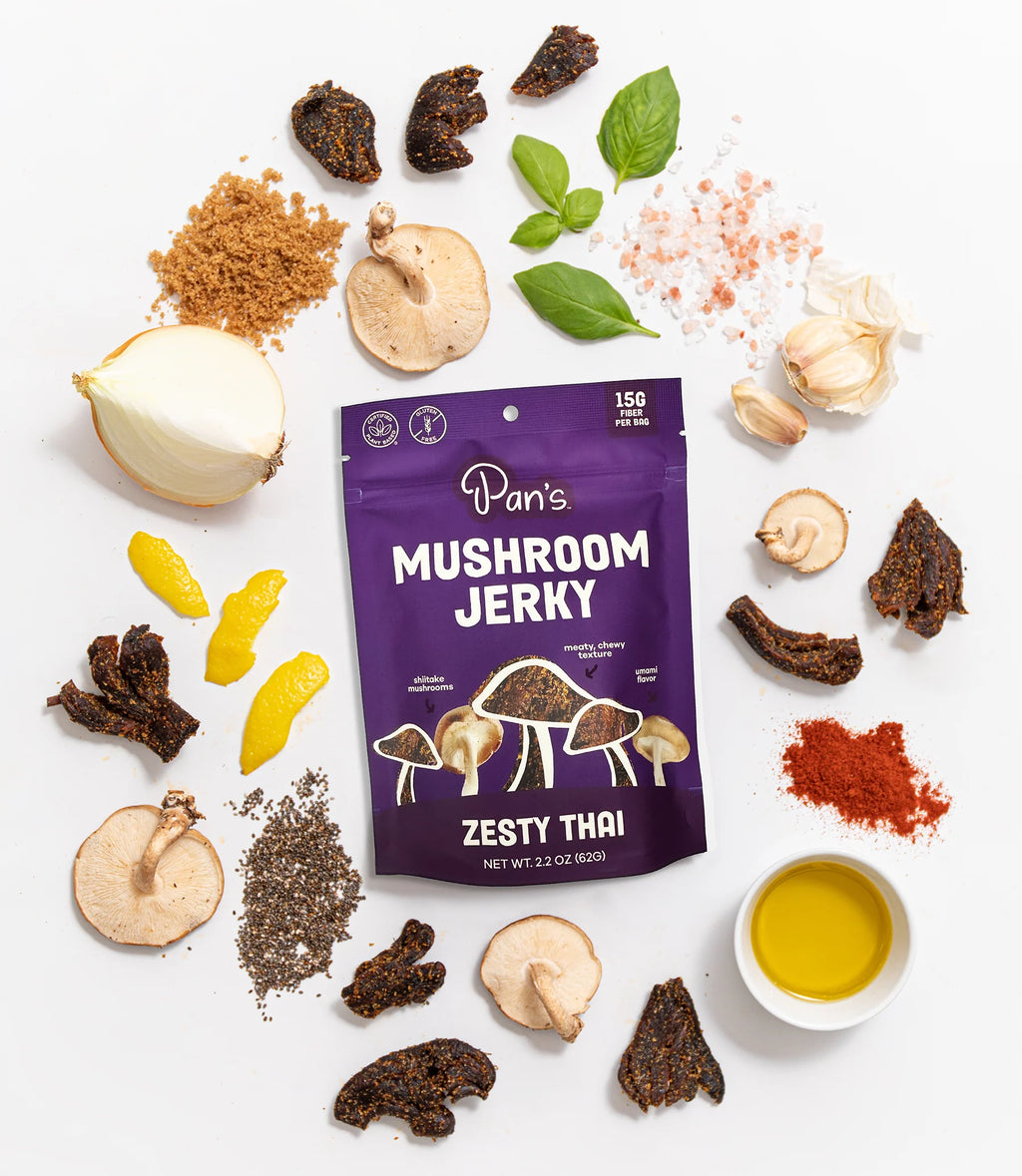 Pan's Mushroom Jerky - Zesty Thai Mushroom Jerky - Shiitake - 62g - 2 Servings image 1