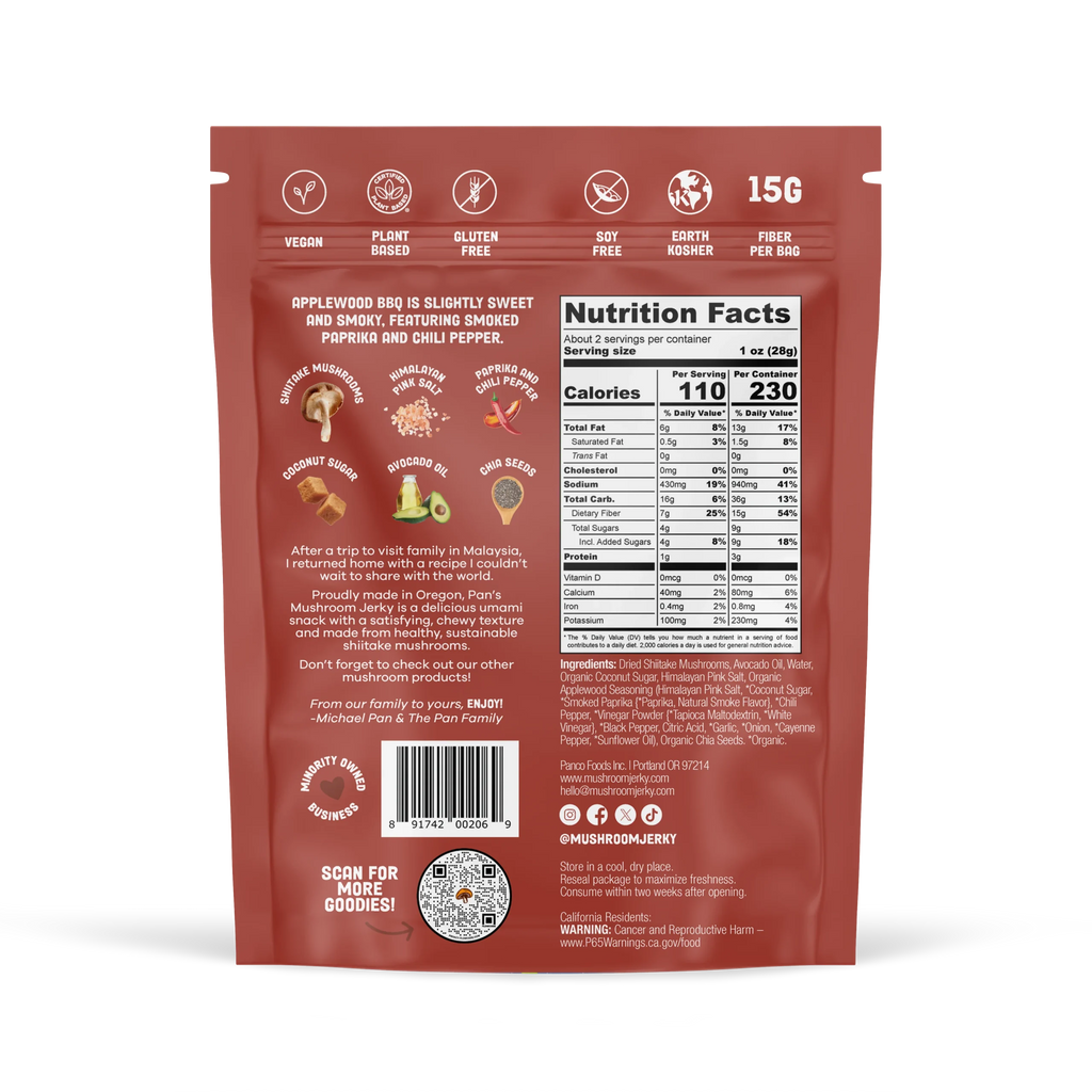 Pan's Mushroom Jerky - Applewood BBQ Mushroom Jerky - Shiitake - 62g - 2 Servings image 6