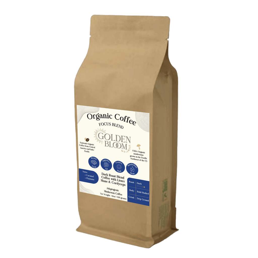 Golden Bloom Wellness - Organic Coffee Focus Blend - Lion's Mane + Cordyceps - Dark Roast - 12oz - 15 Servings image 0