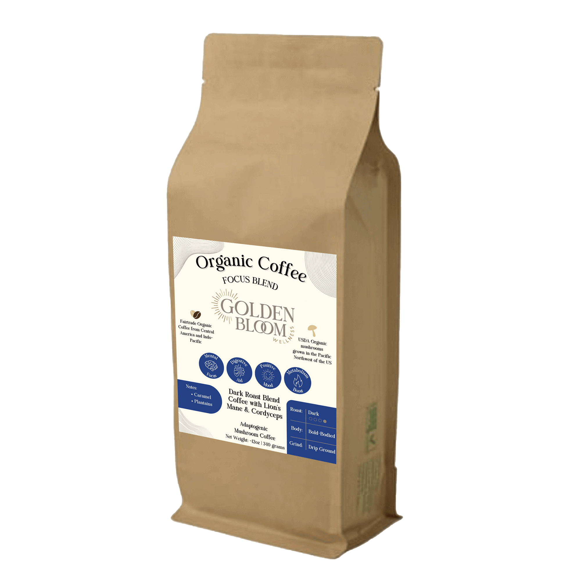Golden Bloom Wellness - Organic Coffee Focus Blend - Lion's Mane + Cordyceps - Dark Roast - 12oz - 15 Servings image 0