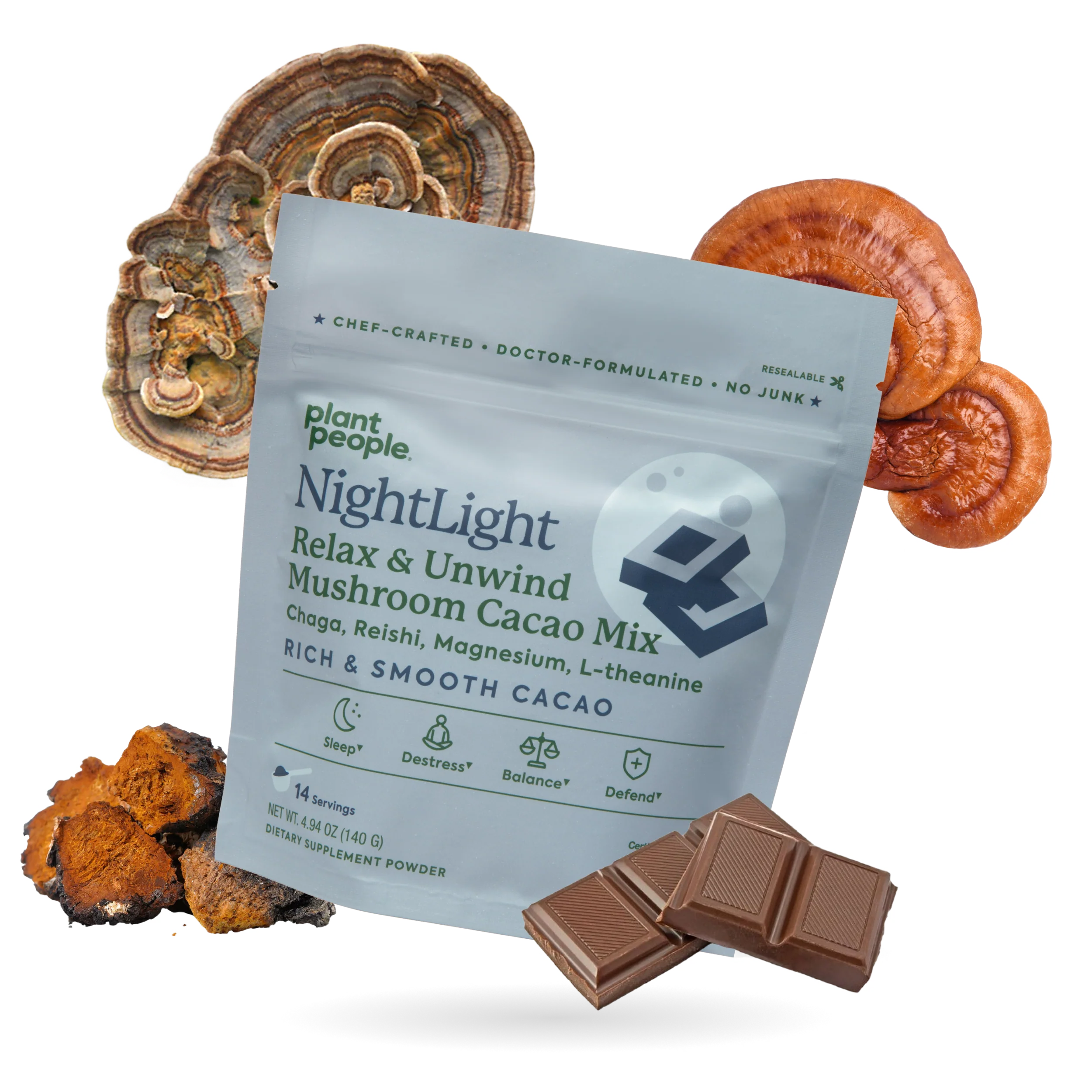 Plant People - NightLight Adaptogen Mushroom Cacao Mix - 140g - 500mg Mushroom Blend per Serving - 14 Servings image 0