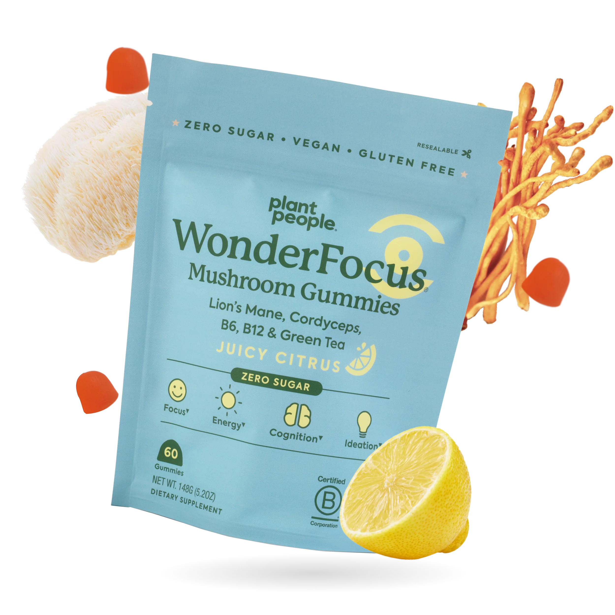 Plant People - WonderFocus Mushroom Gummies - Juicy Citrus - 60ct - 300mg per Serving - 30 Servings image 0