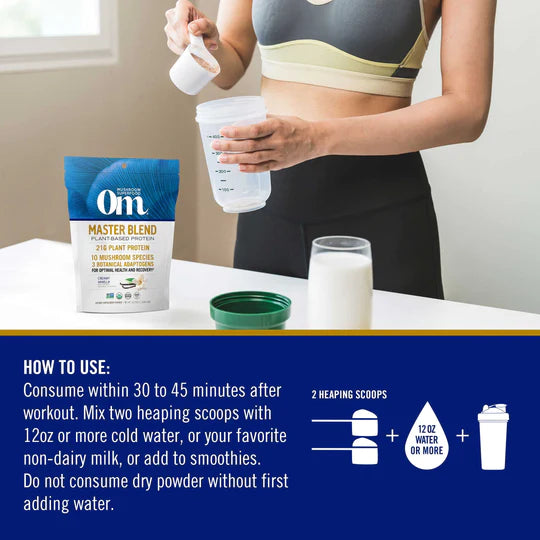 Om Mushroom Superfood - Master Blend Plant‑Based Protein - Creamy Vanilla - 518g - 14 Servings image 5