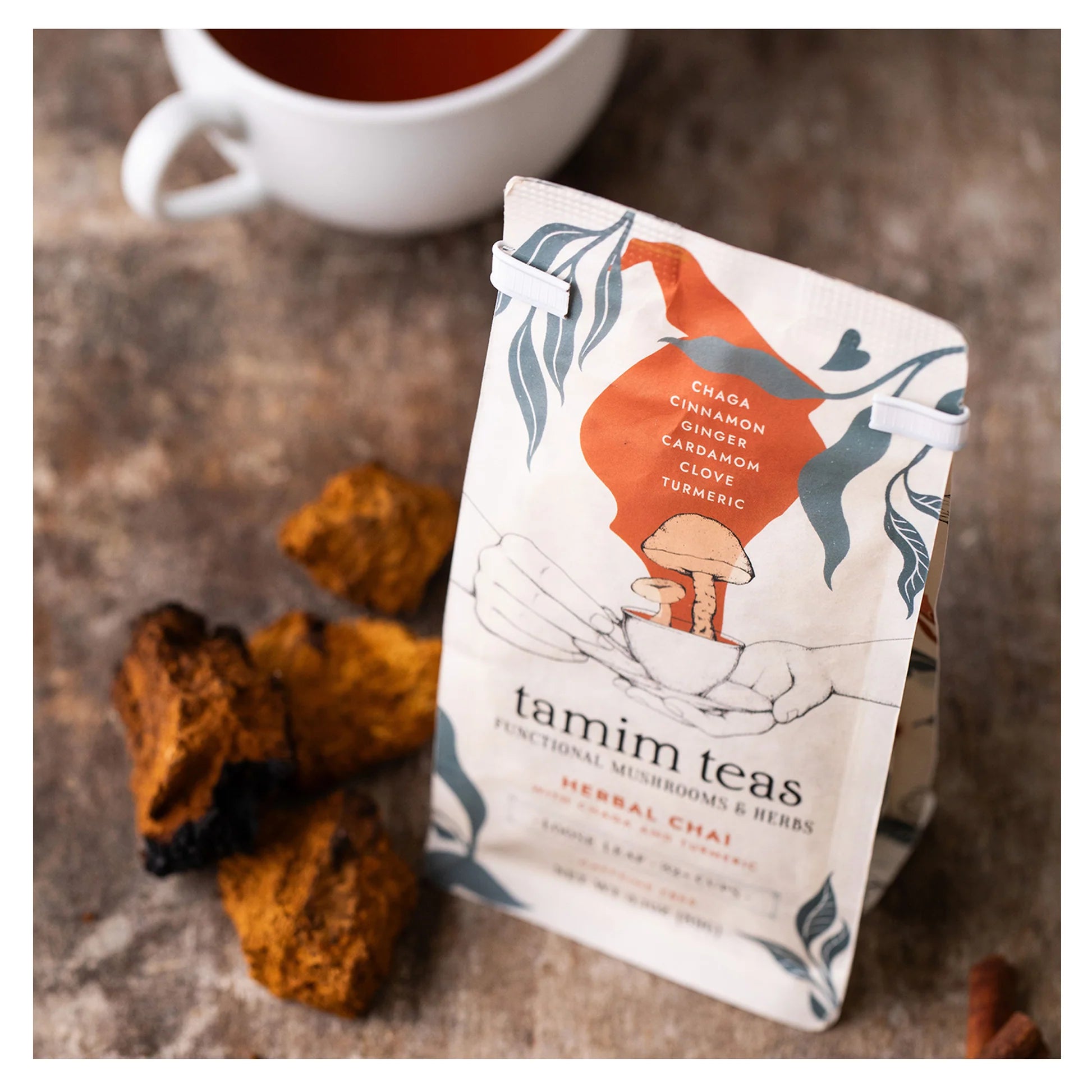 Tamim Teas - Chaga Chai Mushroom Tea (Caffeine-Free) - Chaga + Turmeric + Chai Spices - 79g - 32 Servings image 3