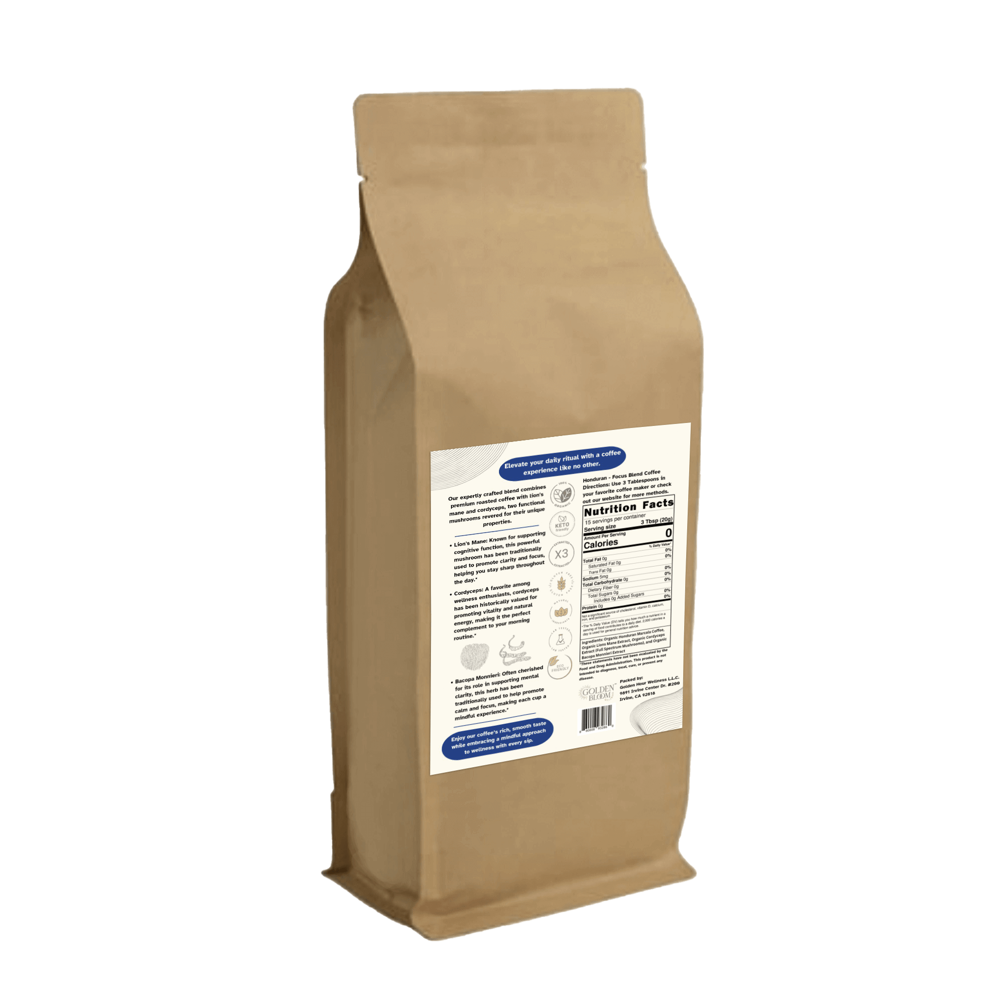 Golden Bloom Wellness - Organic Honduran Marcala Coffee - Lion's Mane + Cordyceps - Medium Roast - 12oz - 15 Servings image 1