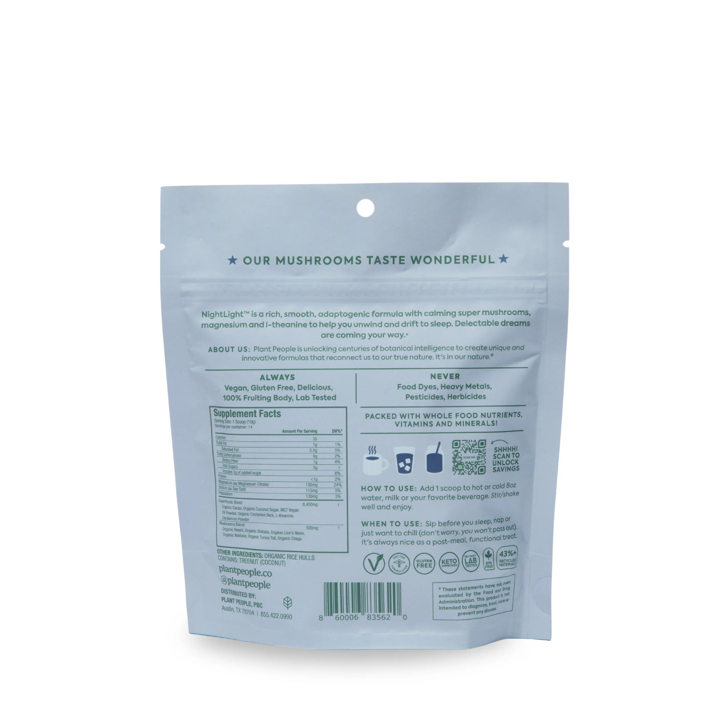 Plant People - NightLight Adaptogen Mushroom Cacao Mix - 140g - 500mg Mushroom Blend per Serving - 14 Servings image 3
