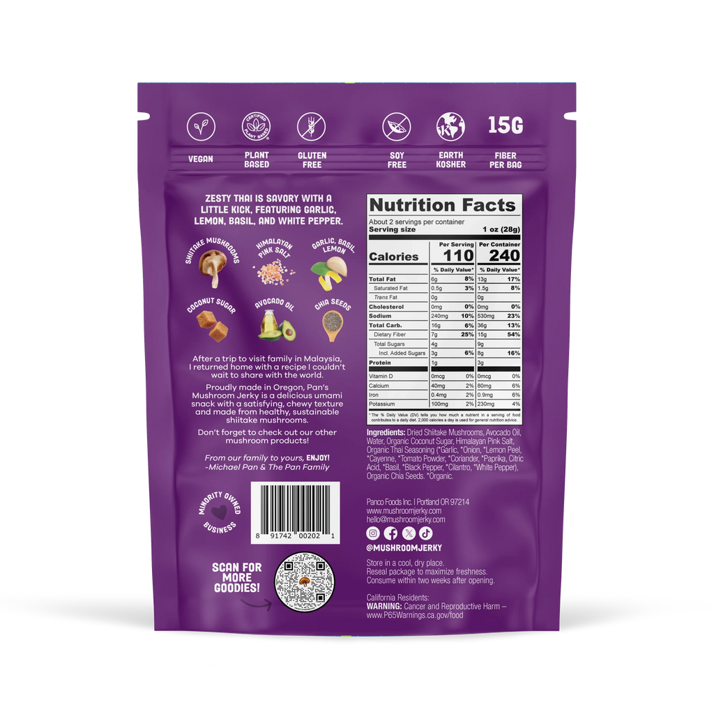 Pan's Mushroom Jerky - Zesty Thai Mushroom Jerky - Shiitake - 62g - 2 Servings image 6