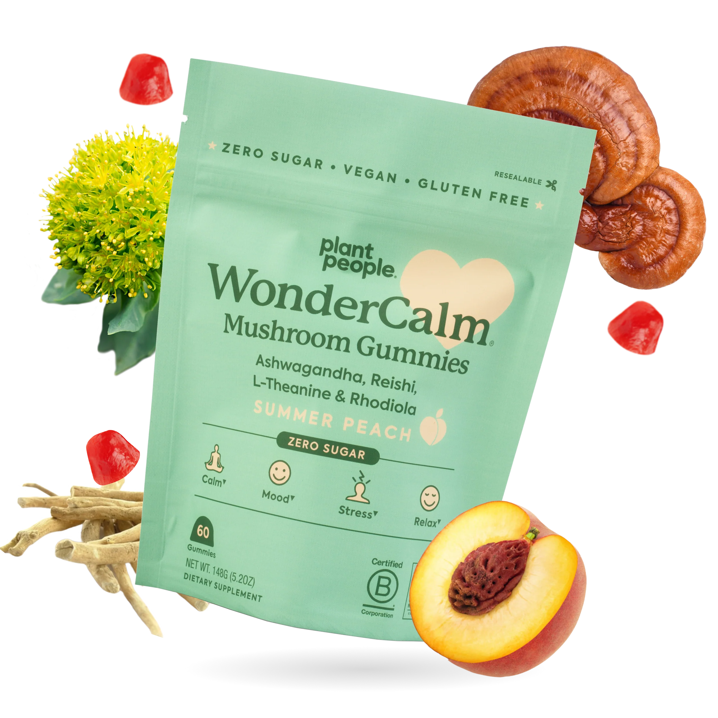 Plant People - WonderCalm Mushroom Gummies - Summer Peach - 60ct - 200mg per Serving - 30 Servings image 0