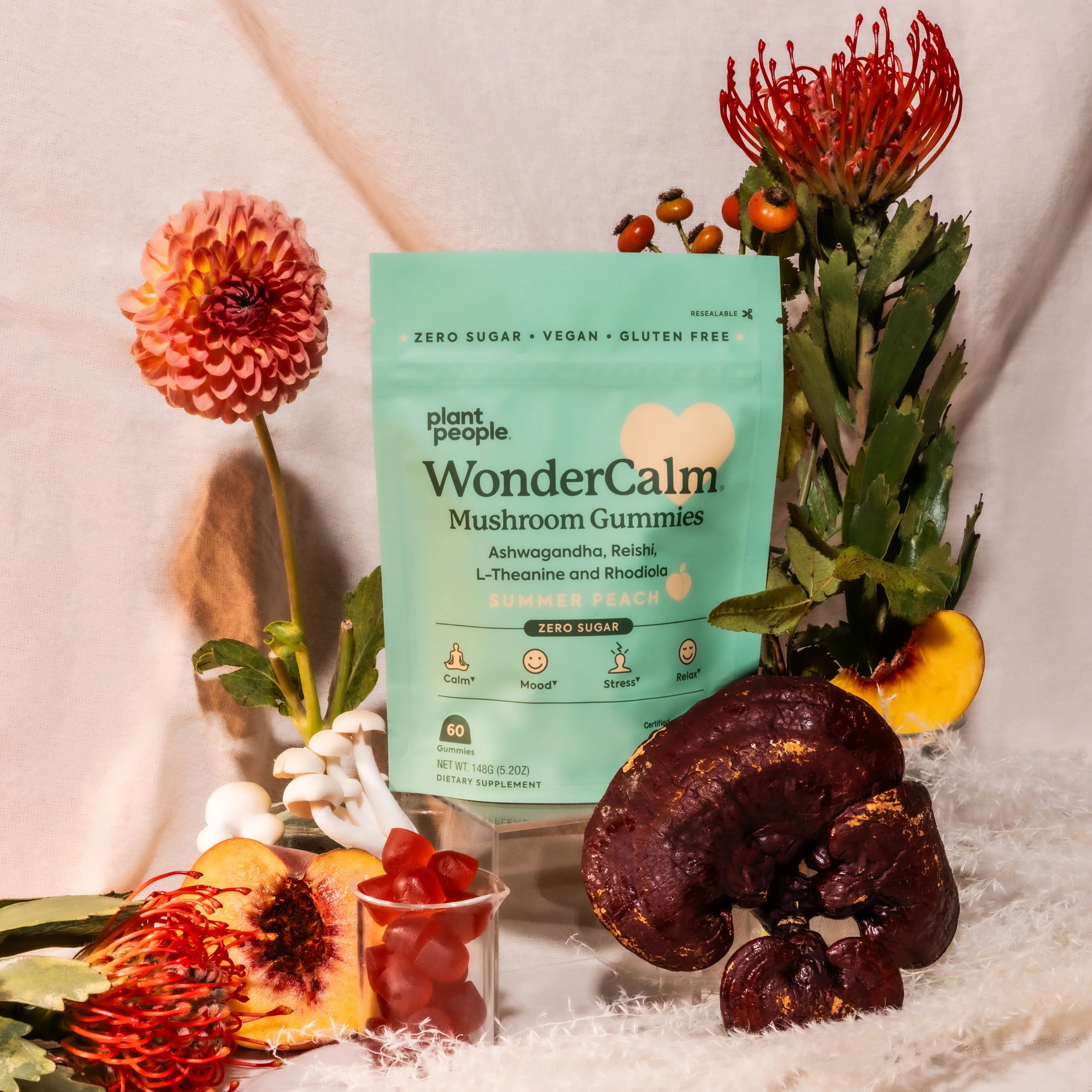 Plant People - WonderCalm Mushroom Gummies - Summer Peach - 60ct - 200mg per Serving - 30 Servings image 4
