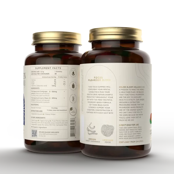 Golden Bloom Wellness – Focus Lion's Mane + Cordyceps Mushroom Gummies – Assorted Fruit – 30ct – 30 Servings image 1