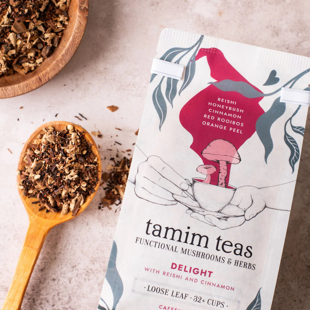 Tamim Teas - Reishi Delight Mushroom Tea (Caffeine-Free) - Reishi + Cinnamon + Orange - 65g - 32 Servings image 2
