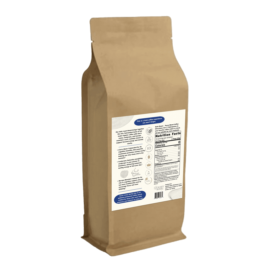 Golden Bloom Wellness - Organic Coffee Focus Blend - Lion's Mane + Cordyceps - Dark Roast - 12oz - 15 Servings image 1