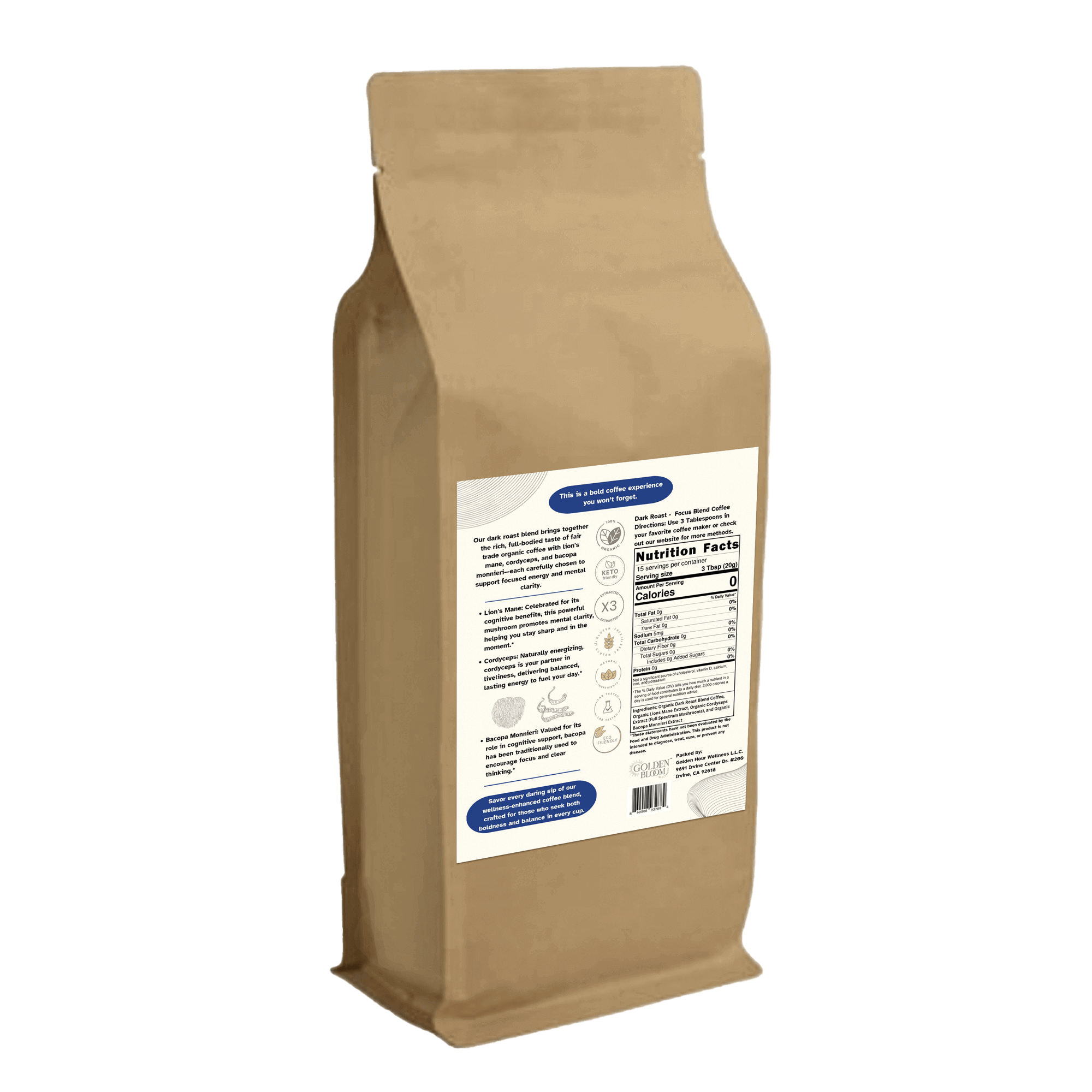 Golden Bloom Wellness - Organic Coffee Focus Blend - Lion's Mane + Cordyceps - Dark Roast - 12oz - 15 Servings image 1